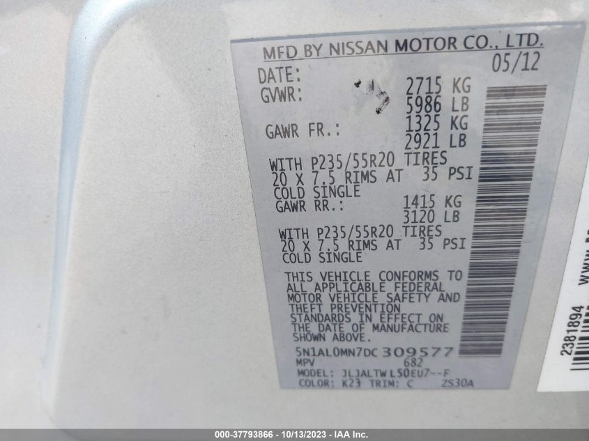 2013 INFINITI JX35 - 5N1AL0MN7DC309577