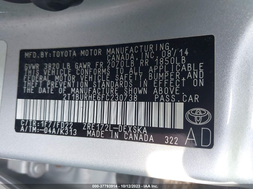 2015 TOYOTA COROLLA L/LE/S/S PLUS/LE PLUS - 2T1BURHE6FC230738