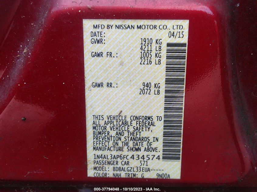 2015 NISSAN ALTIMA 2.5 - 1N4AL3AP6FC434574
