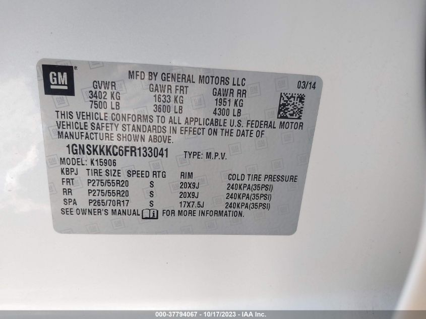 2015 CHEVROLET SUBURBAN 1500 LTZ 1GNSKKKC6FR133041
