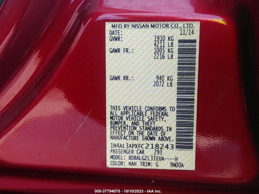 2015 NISSAN ALTIMA 2.5 S - 1N4AL3APXFC218243
