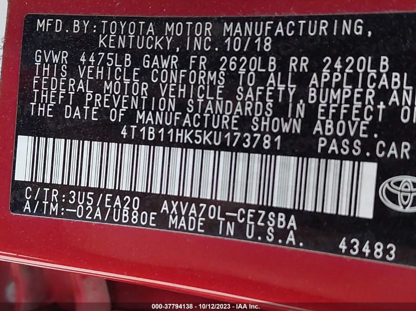 2019 TOYOTA CAMRY LE/SE/XLE/L - 4T1B11HK5KU173781
