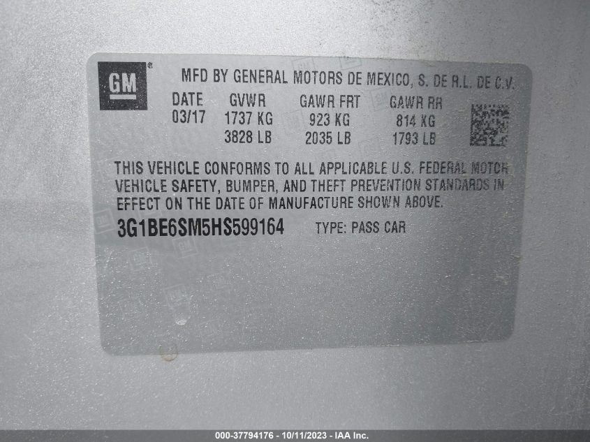 2017 CHEVROLET CRUZE LT - 3G1BE6SM5HS599164