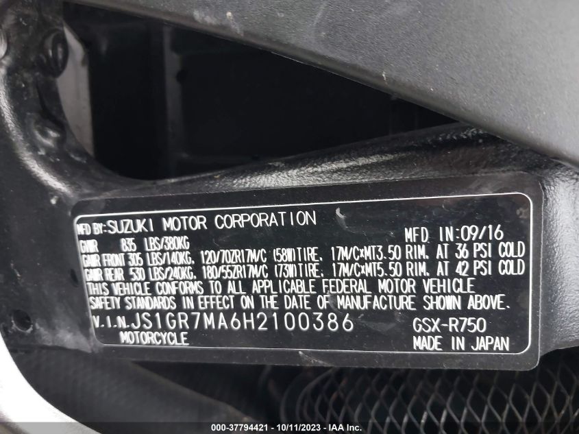 2017 SUZUKI GSX-R750 - JS1GR7MA6H2100386