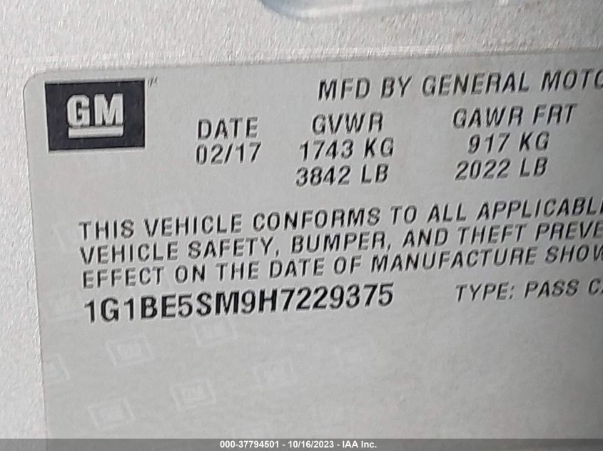 2017 CHEVROLET CRUZE LT - 1G1BE5SM9H7229375