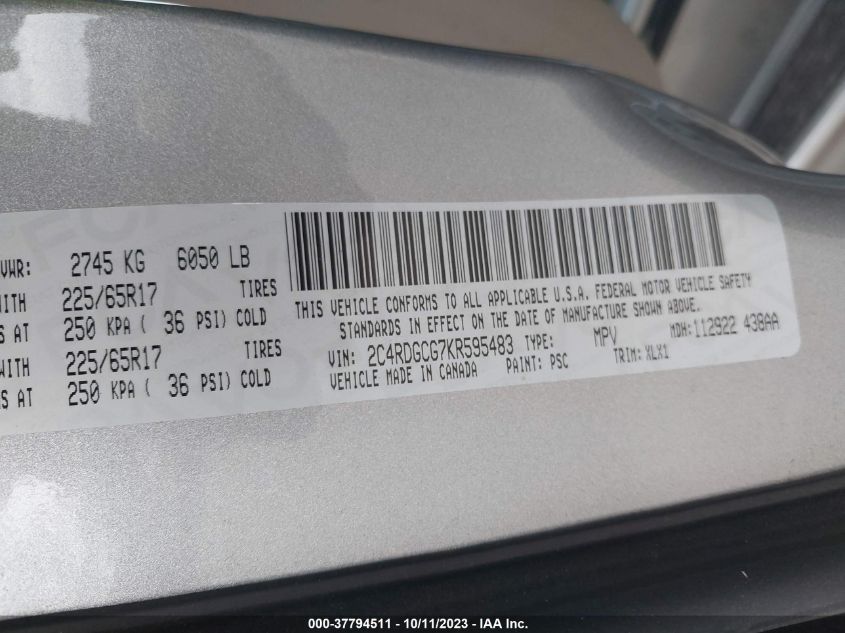 2019 DODGE GRAND CARAVAN SXT - 2C4RDGCG7KR595483