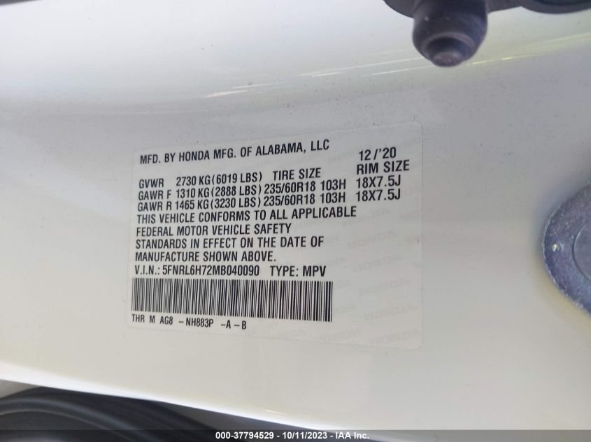 2021 HONDA ODYSSEY EX-L - 5FNRL6H72MB040090