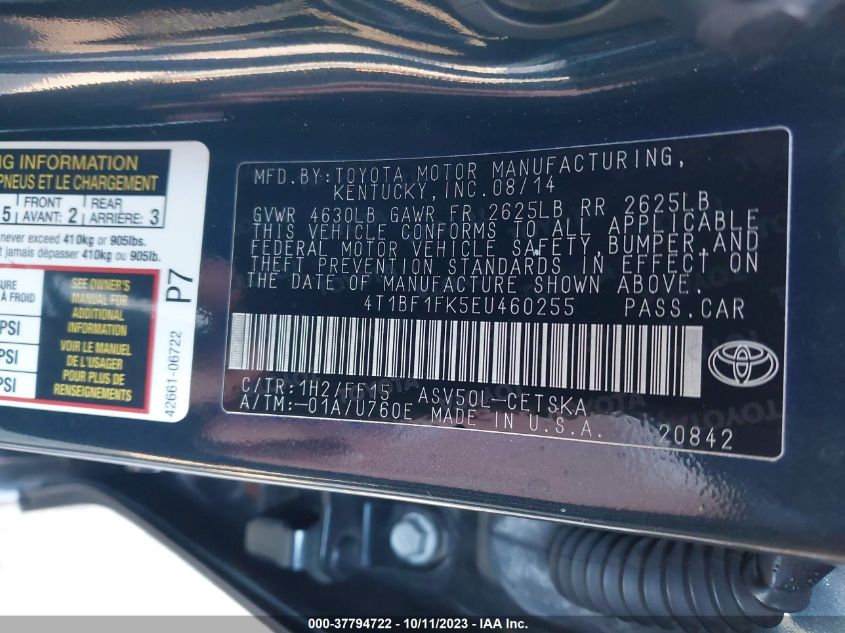 2014 TOYOTA CAMRY L/LE/XLE/SE/SE SPORT - 4T1BF1FK5EU460255