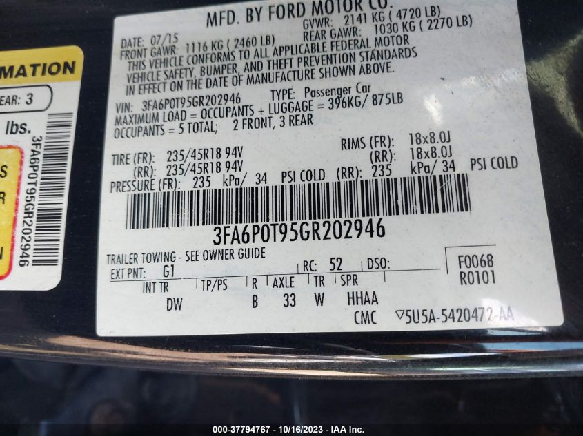 2016 FORD FUSION SE - 3FA6P0T95GR202946