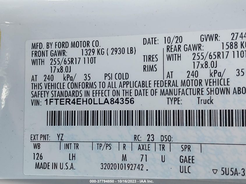 2020 FORD RANGER XL/XLT/LARIAT - 1FTER4EH0LLA84356
