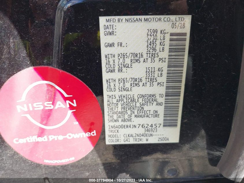 2018 NISSAN FRONTIER S/SV/SL/PRO-4X - 1N6AD0ER4JN762457