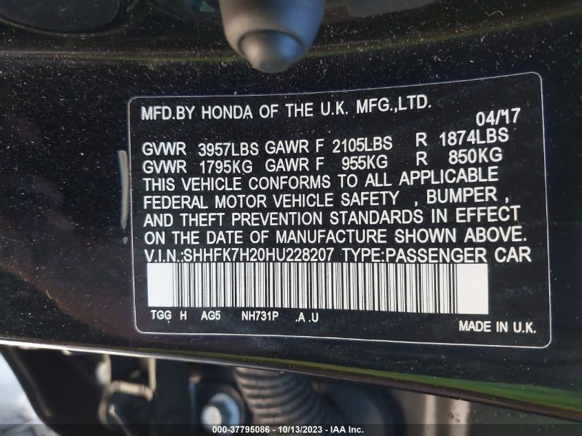 2017 HONDA CIVIC HATCHBACK LX - SHHFK7H20HU228207
