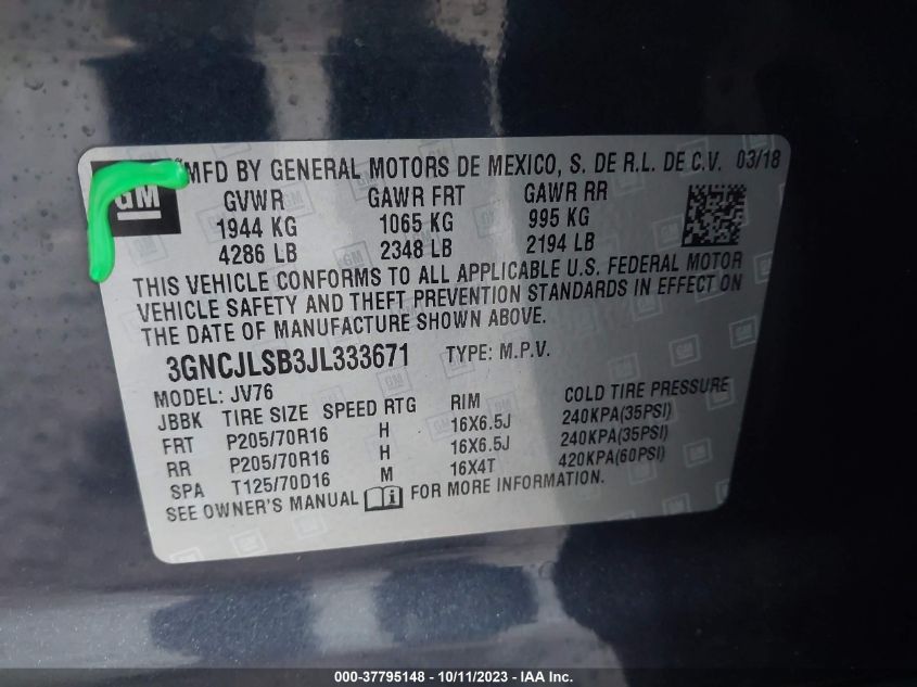 2018 CHEVROLET TRAX LT - 3GNCJLSB3JL333671