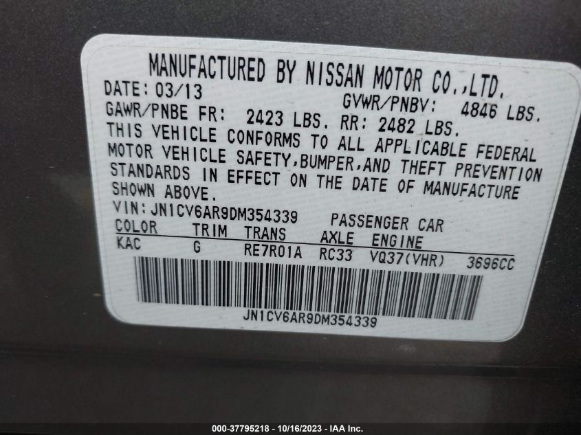 2013 INFINITI G37 SEDAN X JN1CV6AR9DM354339
