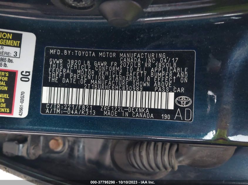 2017 TOYOTA COROLLA L/LE/XLE/SE - 2T1BURHE6HC890989