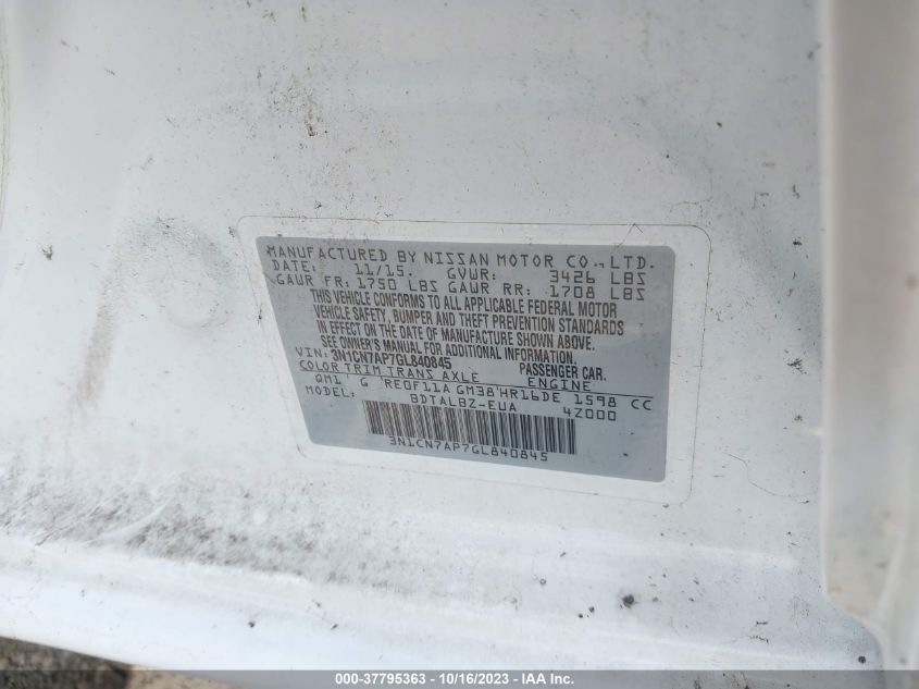 2016 NISSAN VERSA S/S PLUS/SV/SL - 3N1CN7AP7GL840845