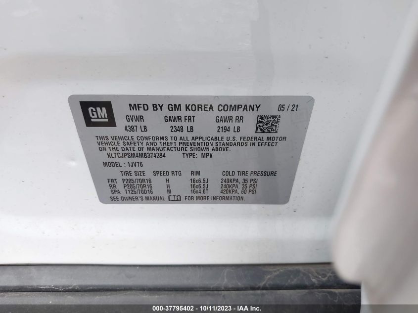 2021 CHEVROLET TRAX LT - KL7CJPSM4MB374394