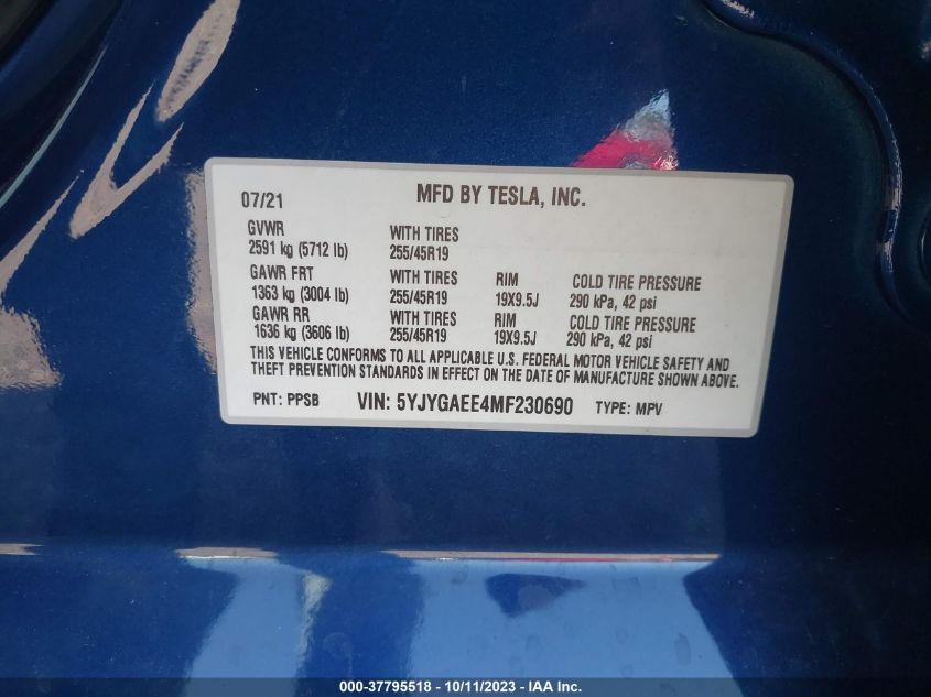 2021 TESLA MODEL Y LONG RANGE - 5YJYGAEE4MF230690