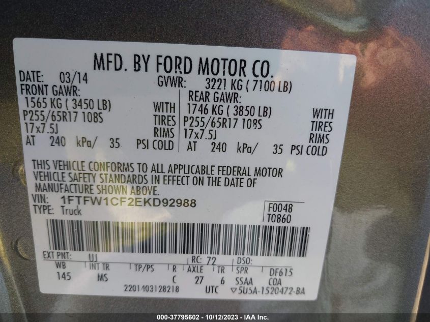 2014 FORD F-150 XL/STX/XLT/FX2/LARIAT - 1FTFW1CF2EKD92988