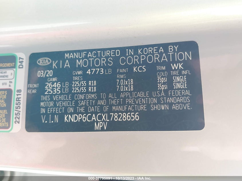 VIN KNDP6CACXL7828656 2020 KIA SPORTAGE S