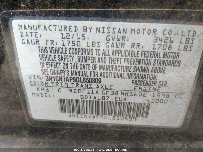 2016 NISSAN VERSA S/S PLUS/SV/SL - 3N1CN7AP9GL850809