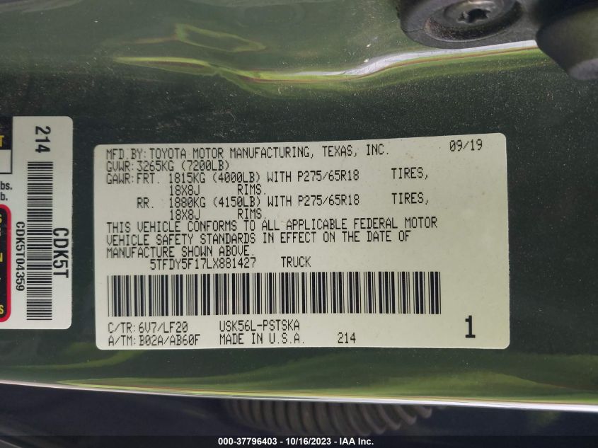 2020 TOYOTA TUNDRA TRD PRO - 5TFDY5F17LX881427