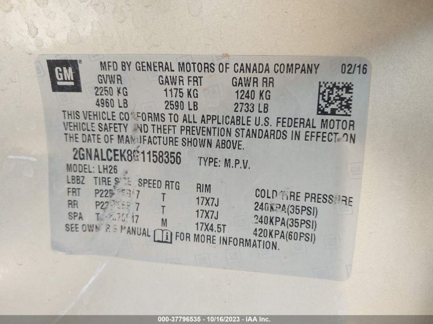 2016 CHEVROLET EQUINOX LT - 2GNALCEK8G1158356
