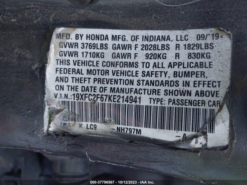 VIN 19XFC2F67KE214941 2019 HONDA CIVIC SEDAN LX