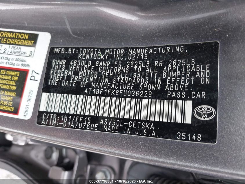 2015 TOYOTA CAMRY XLE/SE/LE/XSE - 4T1BF1FK8FU036229