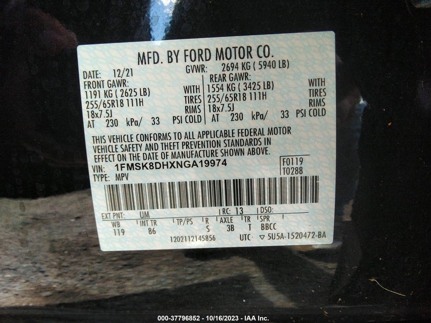 VIN 1FMSK8DHXNGA19974 2022 FORD EXPLORER XLT