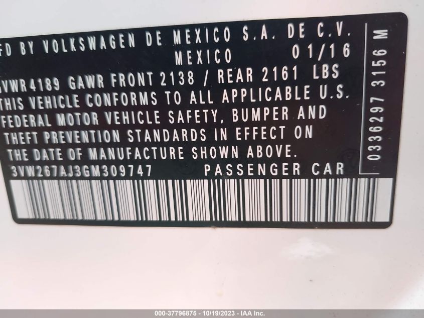 2016 VOLKSWAGEN JETTA SEDAN 1.4T S 3VW267AJ3GM309747