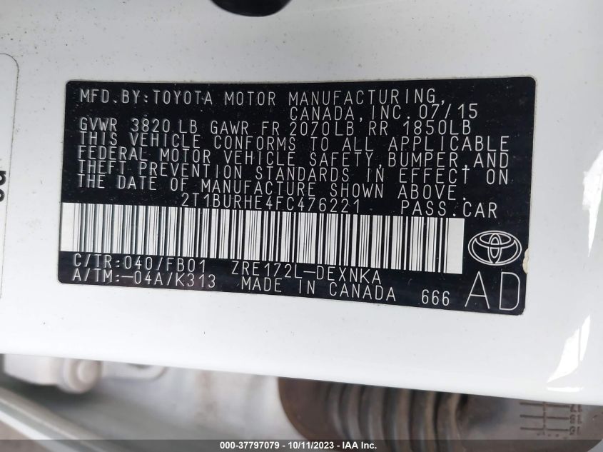 2015 TOYOTA COROLLA L/LE/LE PLS/PRM/S/S PLS - 2T1BURHE4FC476221
