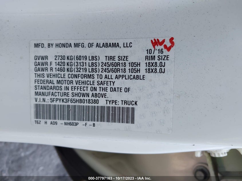 VIN 5FPYK3F65HB018380 2017 HONDA RIDGELINE RTL