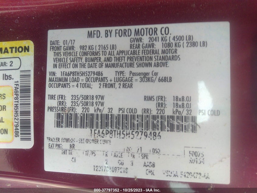 VIN 1FA6P8TH5H5279486 2017 FORD MUSTANG