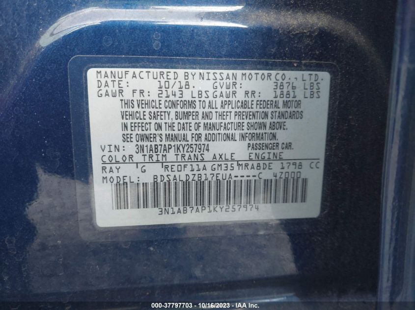 2019 NISSAN SENTRA SV - 3N1AB7AP1KY257974