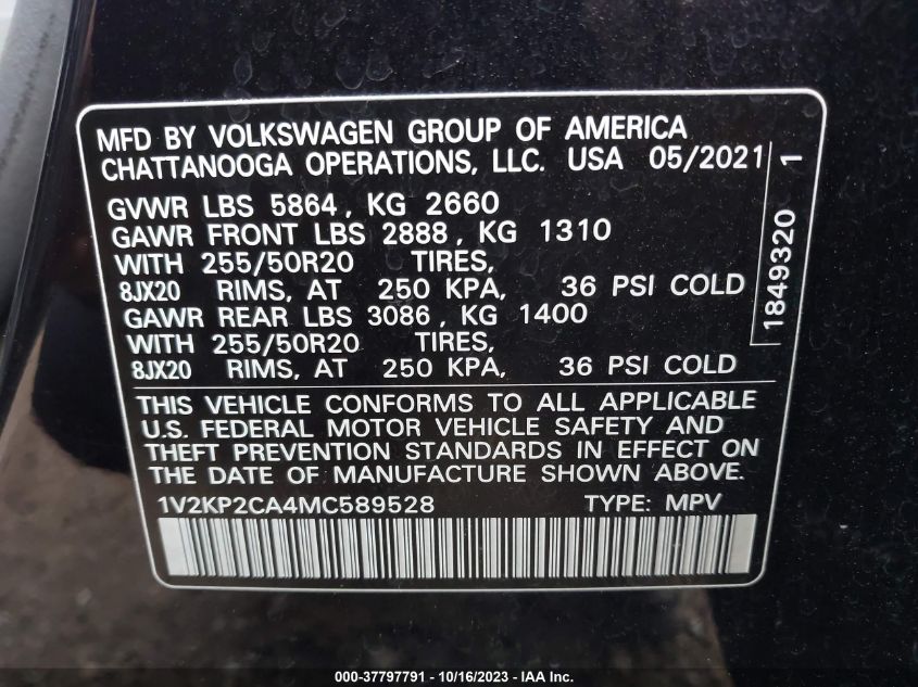 VIN: 1V2KP2CA4MC589528 2021 VOLKSWAGEN ATLAS 2.0T SE W/TECHNOLOGY
