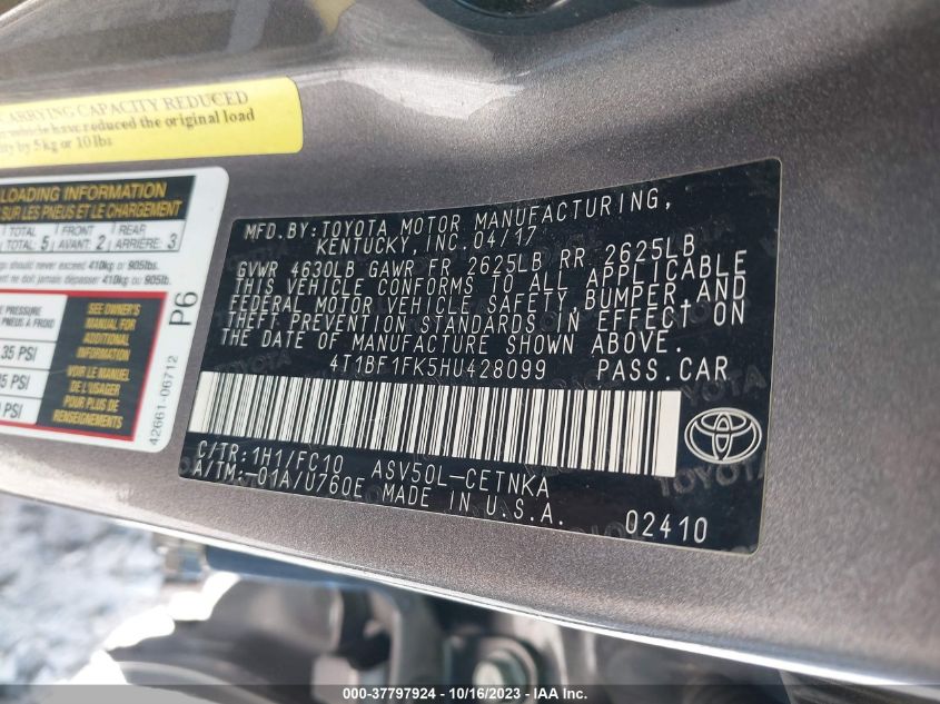 2017 TOYOTA CAMRY XLE/SE/LE/XSE - 4T1BF1FK5HU428099
