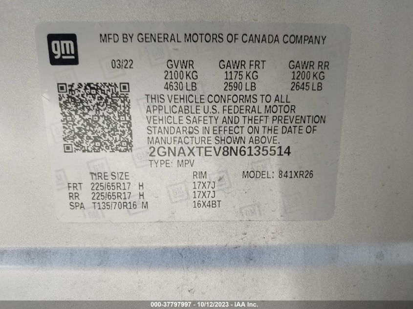2022 CHEVROLET EQUINOX LT - 2GNAXTEV8N6135514