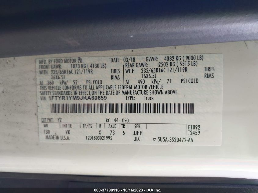 2018 FORD TRANSIT VAN - 1FTYR1YM9JKA60659