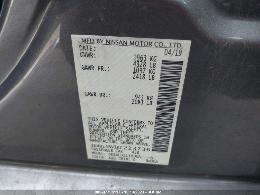 VIN 1N4BL4BV1KC223736 2019 NISSAN ALTIMA 2.5 S