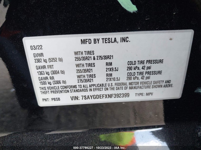 VIN 7SAYGDEFXNF392399 2022 TESLA MODEL Y