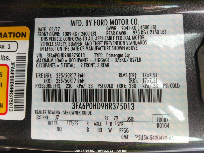 2017 FORD FUSION SE - 3FA6P0HD9HR375013