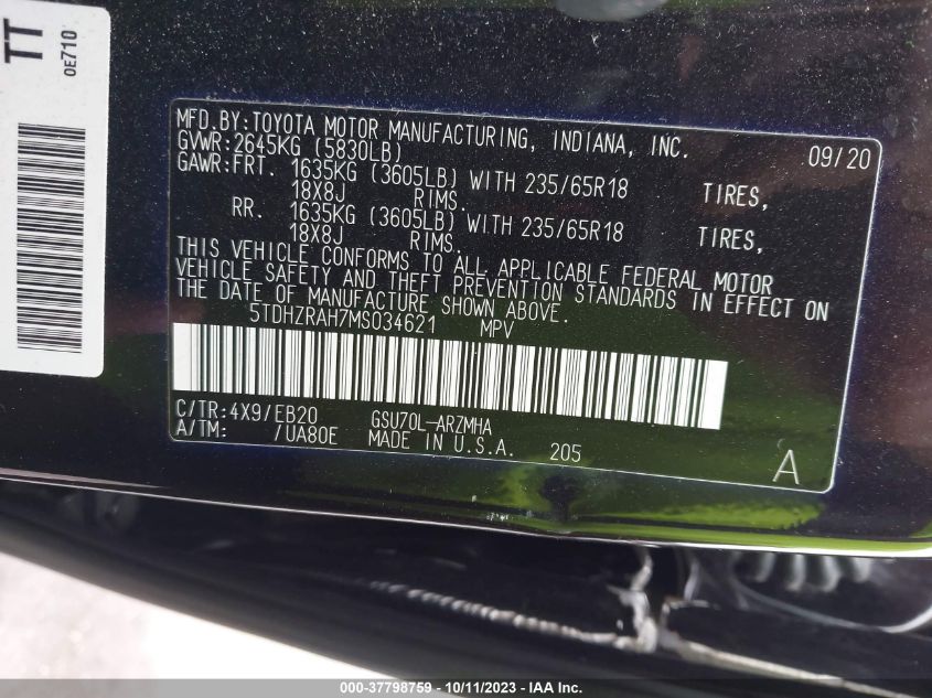 2021 TOYOTA HIGHLANDER XLE - 5TDHZRAH7MS034621