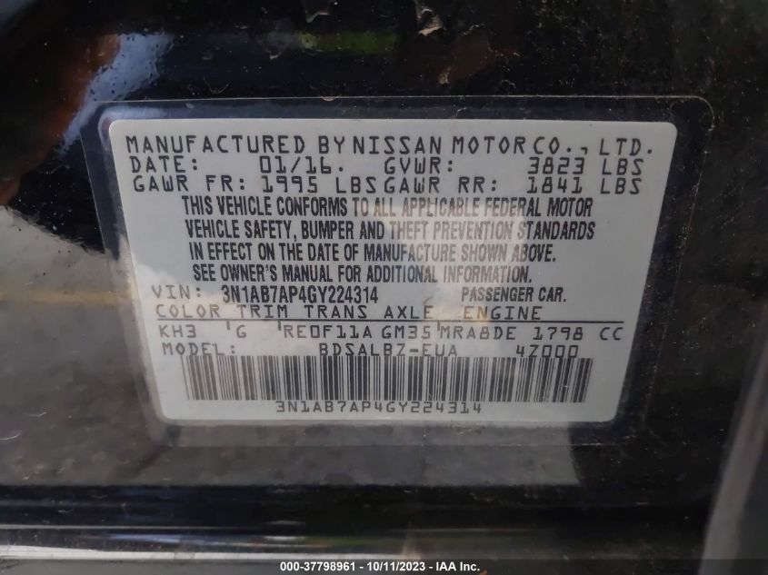 2016 NISSAN SENTRA S - 3N1AB7AP4GY224314