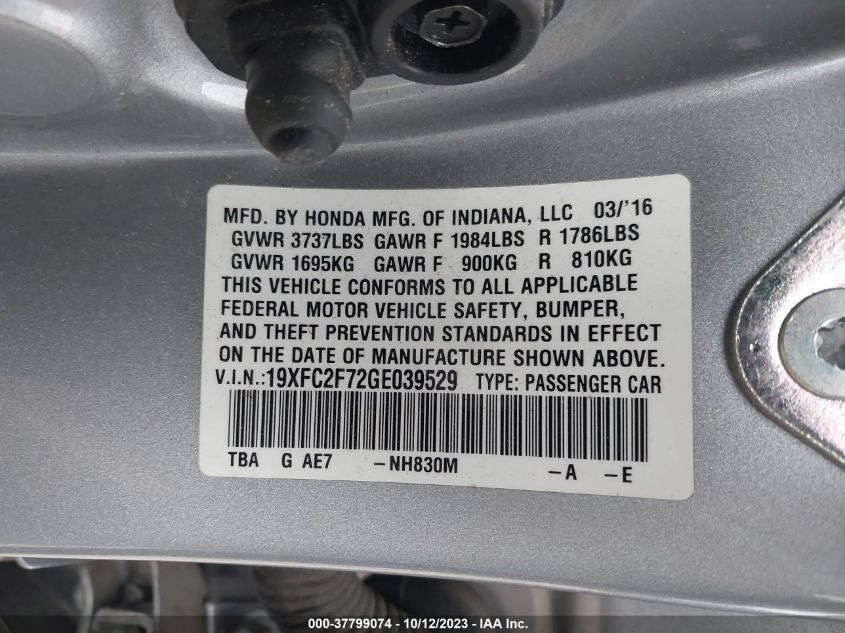 2016 HONDA CIVIC LX 19XF72GE039529