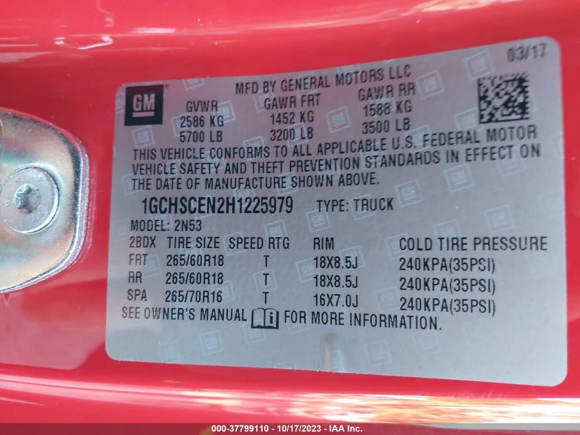 2017 CHEVROLET COLORADO LT - 1GCHSCEN2H1225979