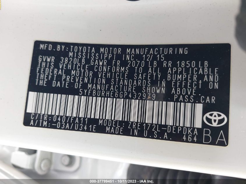 2016 TOYOTA COROLLA L/LE/S/S PLUS/LE PLUS - 5YFBURHE6GP432979