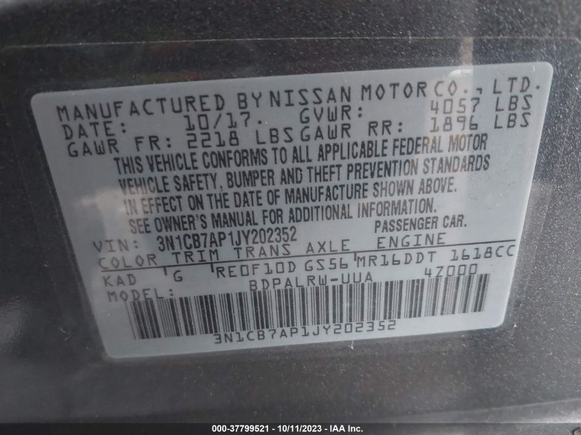 VIN 3N1CB7AP1JY202352 2018 NISSAN SENTRA SR TURBO