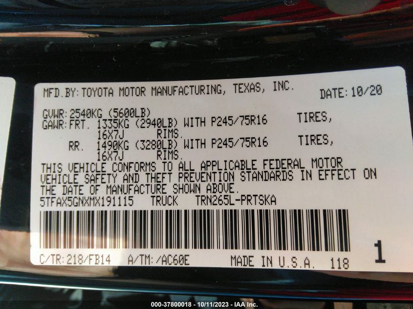 2021 TOYOTA TACOMA 2WD SR/SR5 - 5TFAX5GNXMX191115