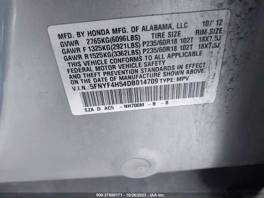 2013 HONDA PILOT EXL - 5FNYF4H54DB014709